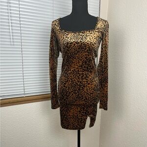 Forever 21 Dress Small Leopard Print Square Neck Y2K Indiesleaze Mobwife Slit